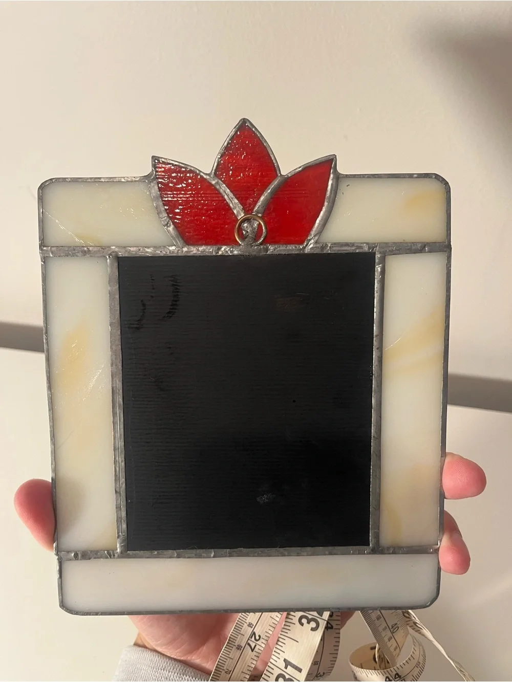 Stained Glass Mirror with Red Floral Accent